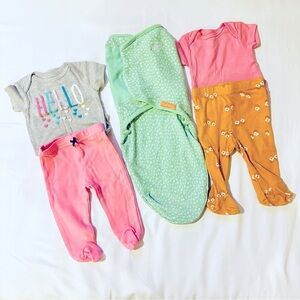 Baby Girl 5 Piece Bundle 0-3 mth SwaddleMe Swaddle, 2 Footed Pants, 2 Onesies
